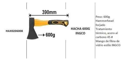 Hacha De Mano 600 Gr 39cm Ingco Hax0206008 - Tyt