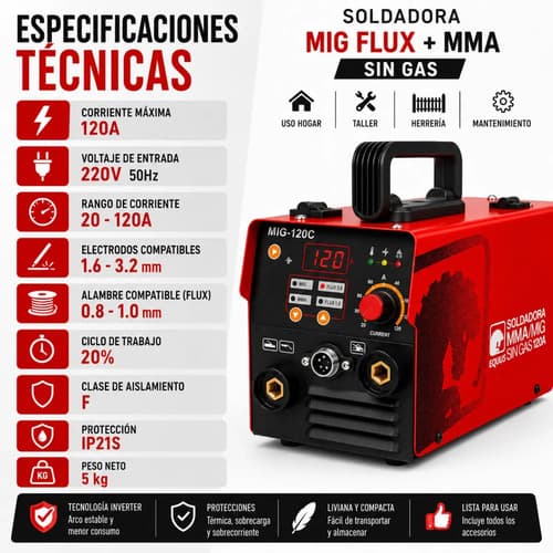 Soldadora Inverter Equus 120a Mig Mma Sin Gas Flux Almabre Rojo