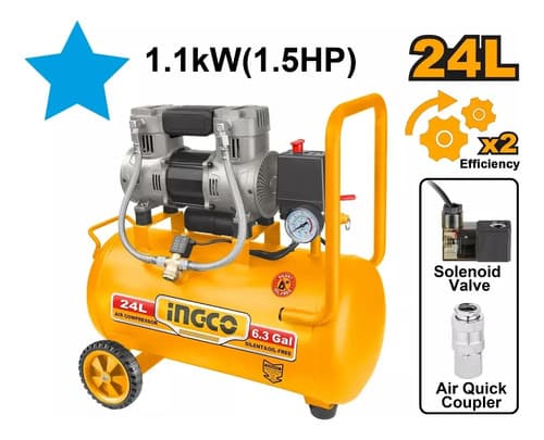 Compresor 24lt 1.5hp Libre De Aceite Bajo Ruido Ingco Amarillo 50hz/60hz Bifásica
