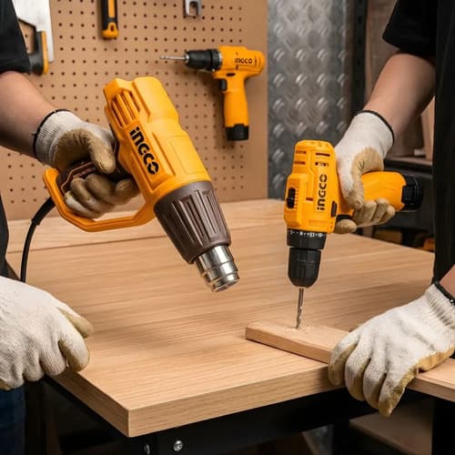 Pistola De Calor Ingco Y Taladro Inalámbrico 12v Con Kit De Accesorios Amarillo