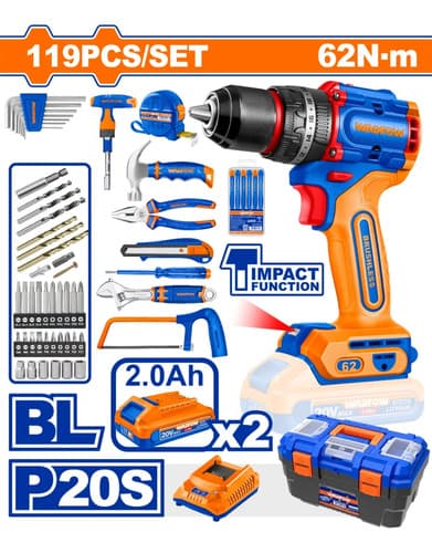Set 119 Herramientas + Taladro Atorn. C/ Percutor 20v 62nm +