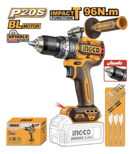 Taladro Atorn C/percutor +2 Baterías 4ah Ycar 20v 96nm Ingco Naranja Claro 20v