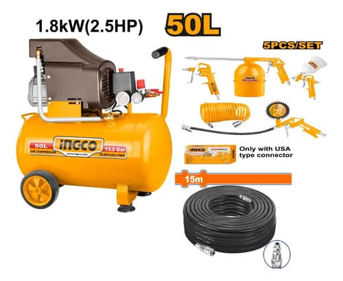Compresor De Aire Ingco 50 Litros + 10 Mts Manguera + Kit Naranja Claro 220v Monofásica