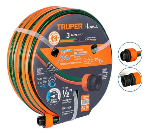 Manguera 1/2 , Reforzada 3 Capas 25 M, Truper 102546 Color Naranja