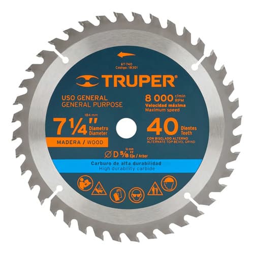 Disco Sierra Madera 7 1/4'' 5/8 Dientes Carburo Truper 18301