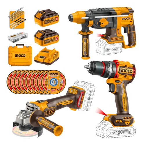 Combo Taladro Percutor 66nm + Rotomartillo + Amoladora Ingco Color Amarillo Frecuencia 20v