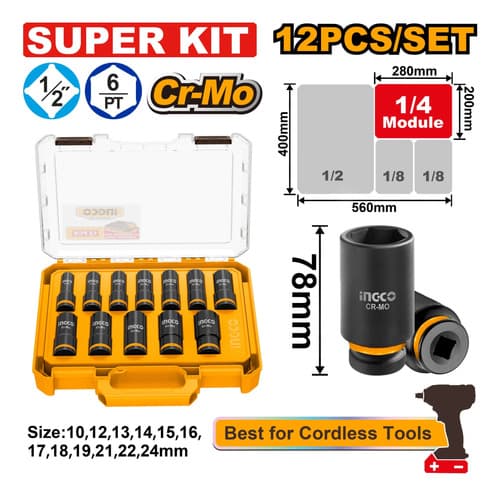 Set De 12 Dados De Impacto 1/2 Cr-mo Con Valija Ingco Naranja Claro