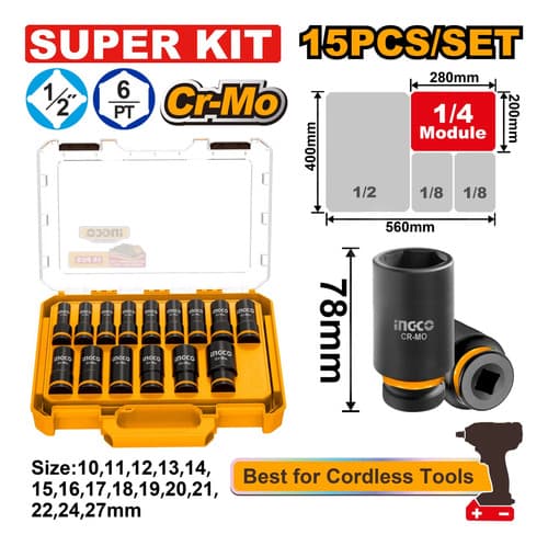 Set X15 Dados De Impacto Ingco 1/2 10mm Al 27mm Naranja Claro