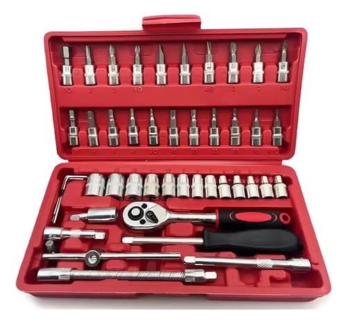 Herramienta Caja Kit 46 Piezas Dados 1/4 Pulgada Rojo