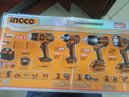 Pack Ingco 4 En 1: Llave De Impacto De 20v, Linterna Y Pistola De Calor Naranja Claro