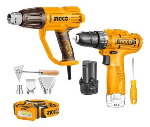 Pistola De Calor Ingco Y Taladro Inalámbrico 12v Con Kit De Accesorios Amarillo