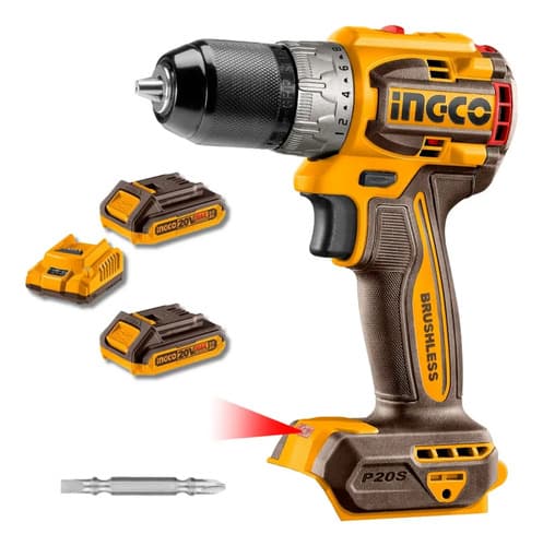 Taladro Atornillador Ingco Sin Escobillas Con 2 Baterías Y Cargador Amarillo