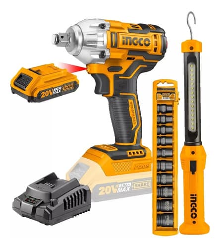 Kit Ingco Llave De Impacto 20v + Linterna + Dados 2 Bat. Hnt