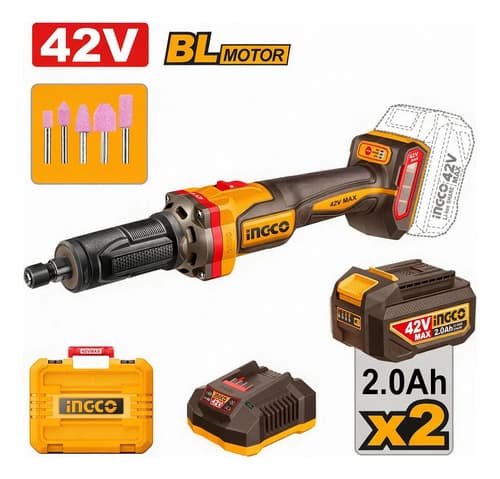 Amoladora Recta 42v 6mm + 2 Bat 2.0ah + Valija Ingco Naranja Claro 42v
