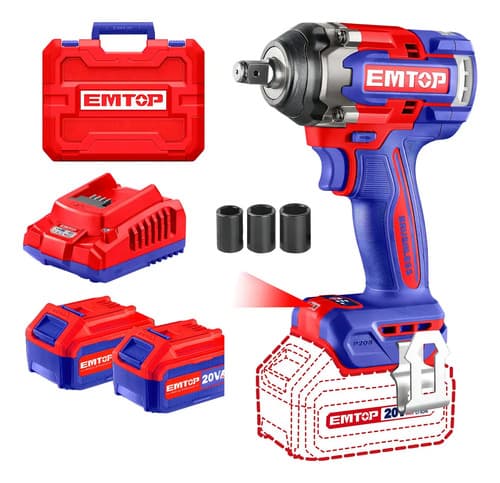 Llave De Impacto 500nm + 2 Baterias 4ah Y Cargador Emtop Color Rojo