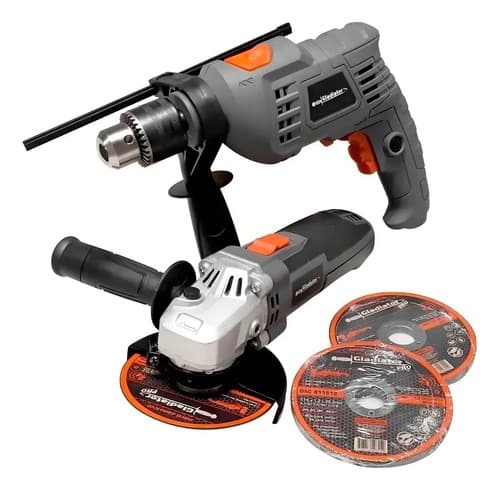 Kit Taladro Percutor + Amoladora Angular Color Gris Frecuencia 50-60hz