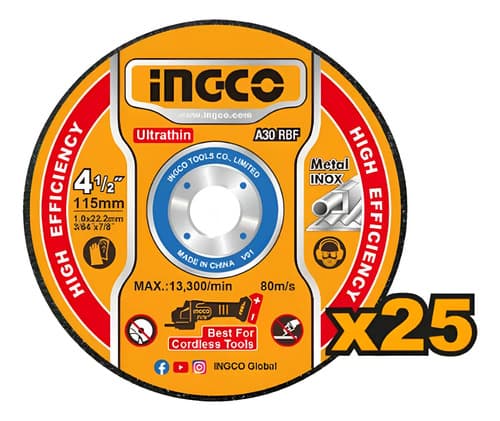 Set 25 Discos Corte Ultrafino 4 1/2'' Metal E Inox Ingco Naranja