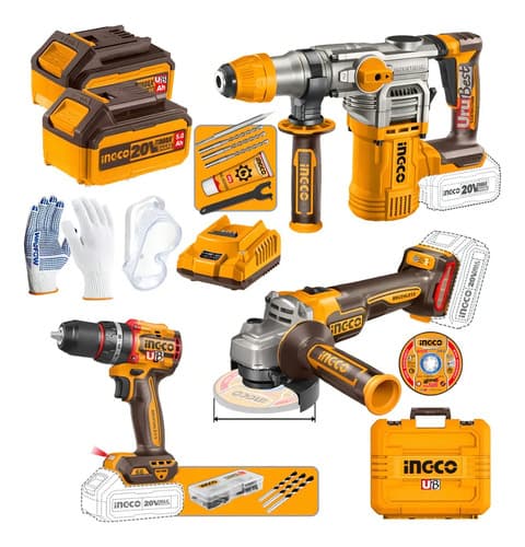 Kit Taladro Amoladora Rotomartillo 20v C/ 2 Baterias Ingco