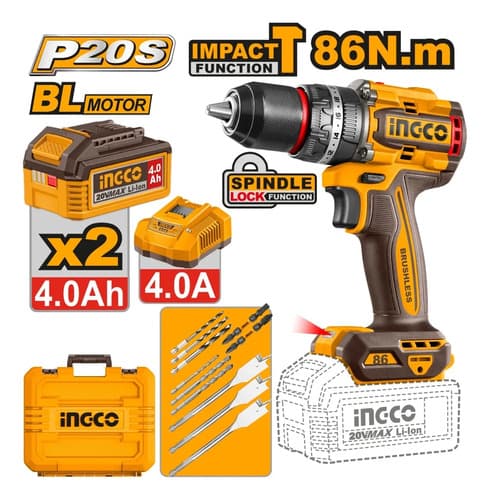 Taladro C Percutor 86nm 2 Bat 4.0ah + Acc + Valija Ingco Naranja Claro 20v
