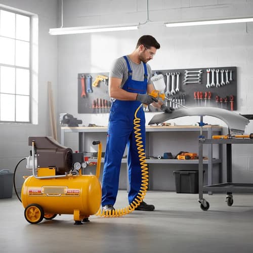 Compresor De Aire Ingco 50 Litros + Kit Compresor 5 Piezas Naranja Claro Monofásica
