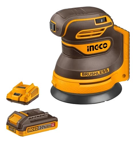 Lijadora Roto Orbital 20v + 5 Lijas + Bateria Y Cargad Ingco Naranja Claro