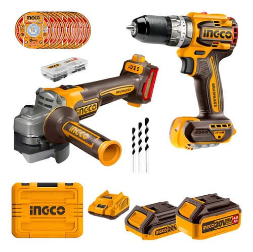 Kit Ingco Atornillador Percutor + Amoladora 20v + Accesorios Color Amarillo Frecuencia 50 60hz