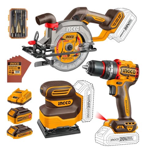 Combo Taladro Percutor 66nm + Sierra Circular + Lijadora 20v Amarillo 20v
