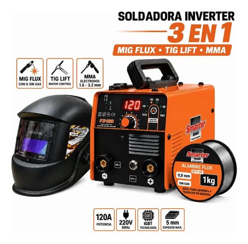 Soldadora 120a Mig Flux Mma 3 En 1 + Careta Fotocromatica Naranja