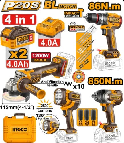 Kit Impacto 850nn+taladro 86nn+amoladora 1200w+lámpara Ingco