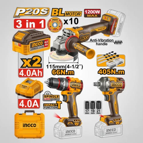 Kit Combo 20v 3 Pcs En 1 C Bat 4.0ah + Carg Ingco Ckli20358