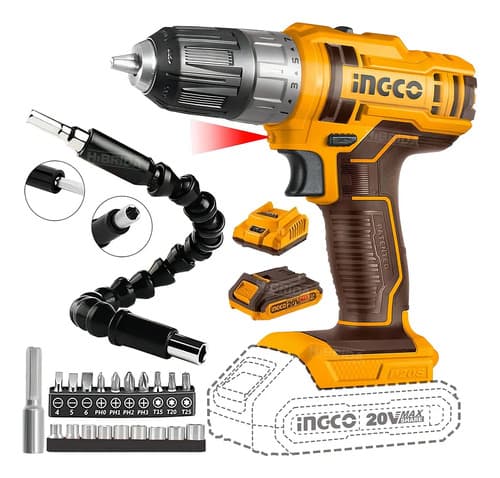 Taladro Atornillador Inalámbrico 20v Extensor Dado Puntas Color Marrón Frecuencia 60 Ingco Cdli200518 Hbrd-full-set