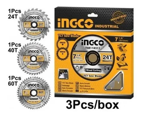 Set De Discos De Corte Ingco Industrial Para Sierra Circular De 7 1/4 (3 Unidades) Gris