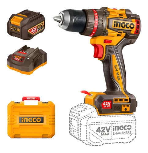 Taladro Atornillador Percutor 69nm Ingco 42v C/bat Maletin Naranja