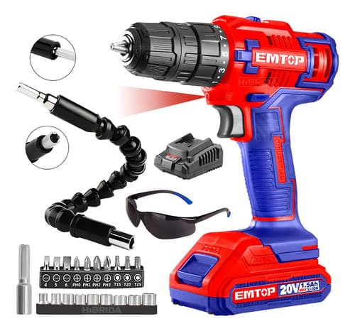 Taladro Atornillador Inalámbrico 20v Emtop Con Set Accesorios Y Lentes Rojo 60