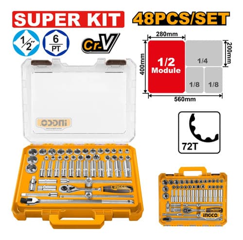 Juego De Dados 1/2 48pcs Cr-v Llave Crique Y Valija Ingco Naranja Claro