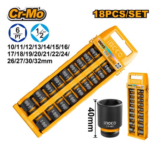 Set X18 Dados De Impacto 1/2 Cr-mo Ingco 10mm Al 32mm Naranja Claro