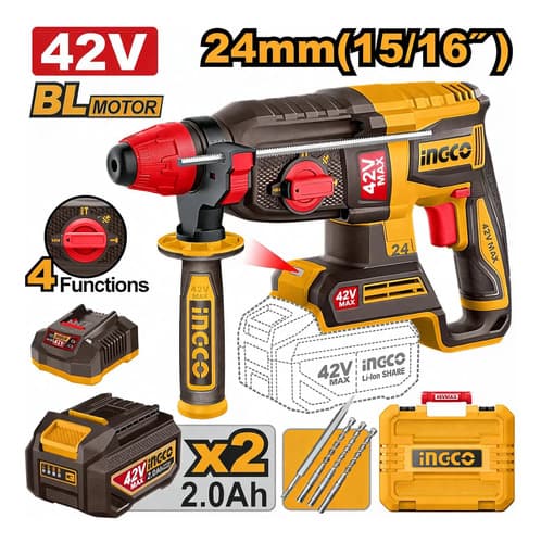 Rotomartillo 42v 24mm Sds 2.4j + 2 Bat 2.0ah + Valija Ingco Naranja Claro 42v