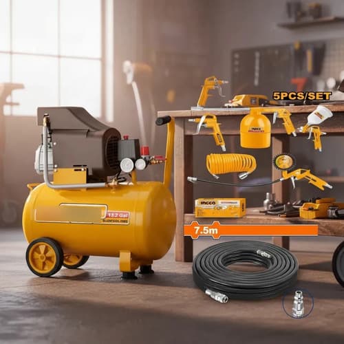 Kit Compresor Ingco 50 Litros + Manguera 7.5 Kit 5 Piezas Naranja Claro 50hz Monofásica