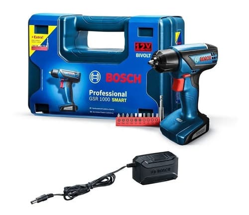Taladro Atornillador Inalámbrico De 6mm Bosch Gsr 1000 Smart 12v + Accesorios Con Maletín De Transporte Azul