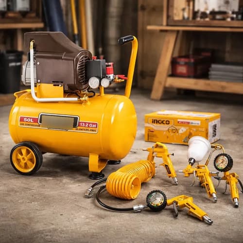 Compresor De Aire Ingco 50 Litros + Kit 5 Piezas Acoples Naranja Claro 50/60hz Monofásica