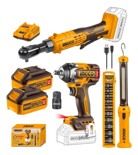 Combo Ingco Llave Impacto + Crique + Linterna + Accesorios Color Naranja Oscuro