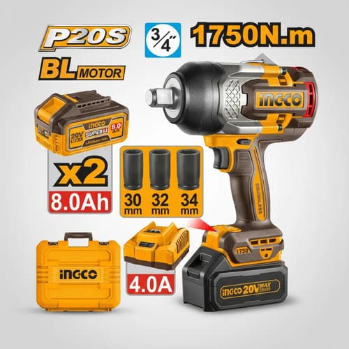Llave De Impacto Ingco 20v 1750nm 2 Bat 8.0ah Ciwli20175 50hz/60hz