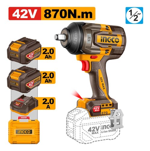 Llave De Impacto Bateria 42v M42 870nm 1/2 Accesorios Ingco Naranja Claro 42v
