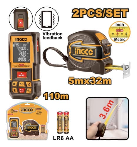 Kit Combo Medidor Distancia Laser 110m + Cinta Métrica Ingco