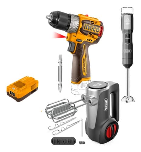 Combo Atornillador M16+ Mixer + Batidora + 2 Baterias Color Amarillo