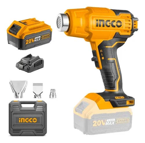 Pistola De Calor Inalámbrica Ingco Con Batería, Cargador Y Maletín Naranja