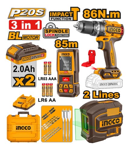 Kit Ingco 20v Taladro 86n + Nivel Laser + Medidor 85m Ingco