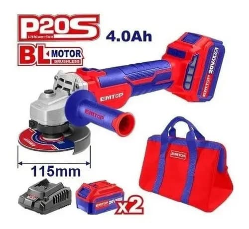 Amoladora De 4 1/2 Emtop 2 Baterias 1 Cargador Y Bolso K Rojo