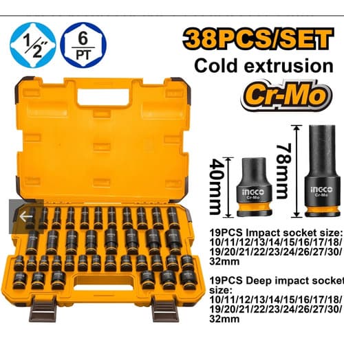 Set X38 Dados De Impacto 1/2 Cr-mo En Valija Ingco