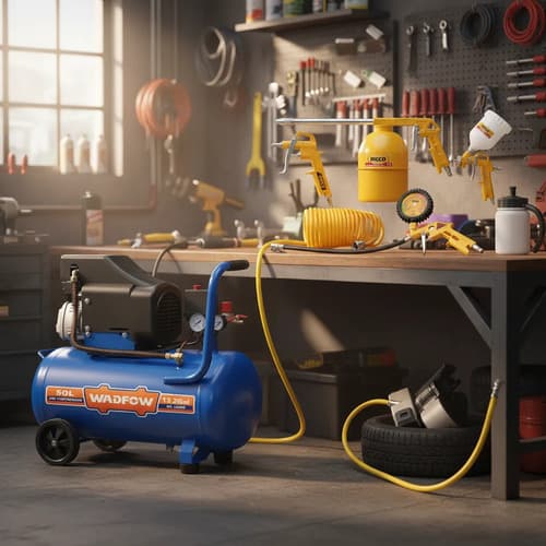 Compresor De Aire 50 Litros, Regulador Presion + Kit 5 Pcz Amarillo 220v Monofásica